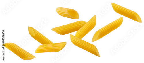 Falling italian penne rigate pasta isolated on white background