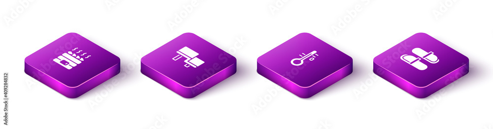 Set Isometric Hot sauna stones, Sauna wood bench, thermometer and slippers icon. Vector. Set Isometric Hot sauna stones, Sauna wood bench, thermometer and slippers icon. Vector.
