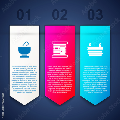 Set Mortar and pestle, Sauna wooden bathhouse and bucket. Business infographic template. Vector.
