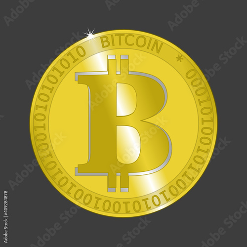 Ein gelb goldener Bitcoin mit einer Lichtreflexion vor einfarbigen Hintergrund