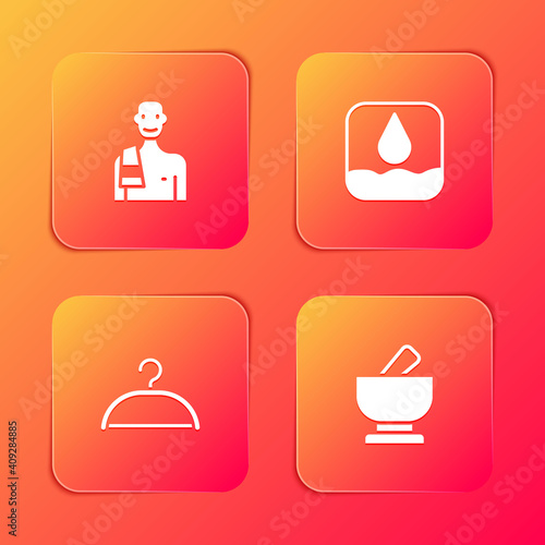 Set Man in the sauna  Water drop  Hanger wardrobe and Mortar and pestle icon. Vector.