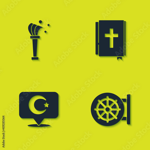 Set Aspergillum, Dharma wheel, Star and crescent and Holy bible book icon. Vector.