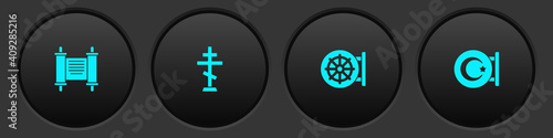 Set Decree, paper, parchment, scroll, Christian cross, Dharma wheel and Star and crescent icon. Vector.