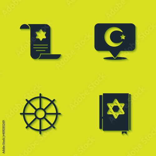 Set Torah scroll, Jewish torah book, Dharma wheel and Star and crescent icon. Vector.