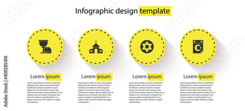 Set Holy grail or chalice, Church building, Star of David and and crescent. Business infographic template. Vector.