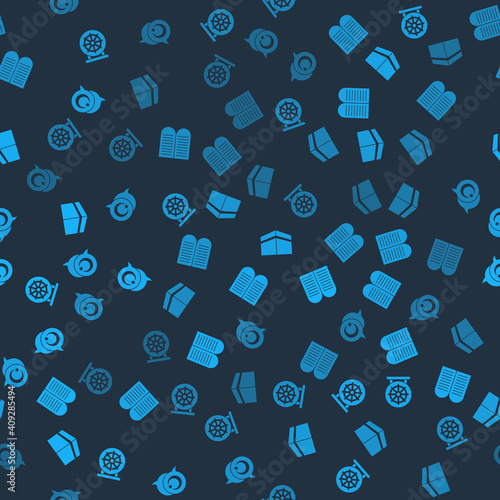 Set Dharma wheel, The commandments, Kaaba mosque and Star crescent on seamless pattern. Vector.