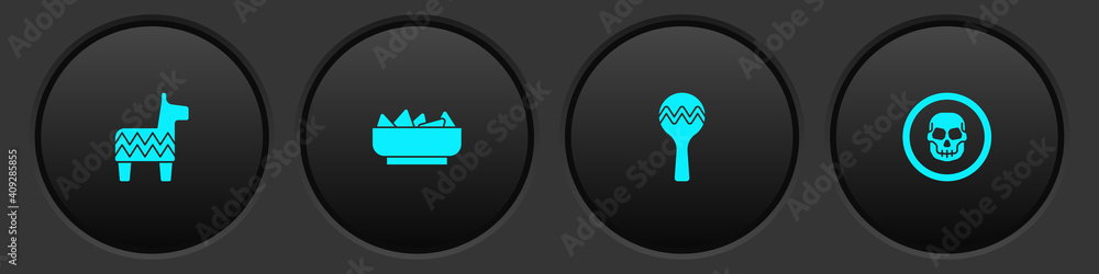 Set Pinata, Nachos bowl, Maracas and Mexican skull coin icon. Vector. Set Pinata, Nachos bowl, Maracas and Mexican skull coin icon. Vector.
