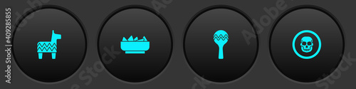 Set Pinata, Nachos bowl, Maracas and Mexican skull coin icon. Vector.
