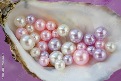Artificial pearls inside the oyster shell. Different colors and size of pearls. Isolated on a rose background.
