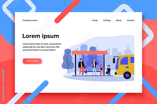 Children waiting for school bus. Kids standing at bus station flat vector illustration. Transport, transportation, urban service concept for banner, website design or landing web page