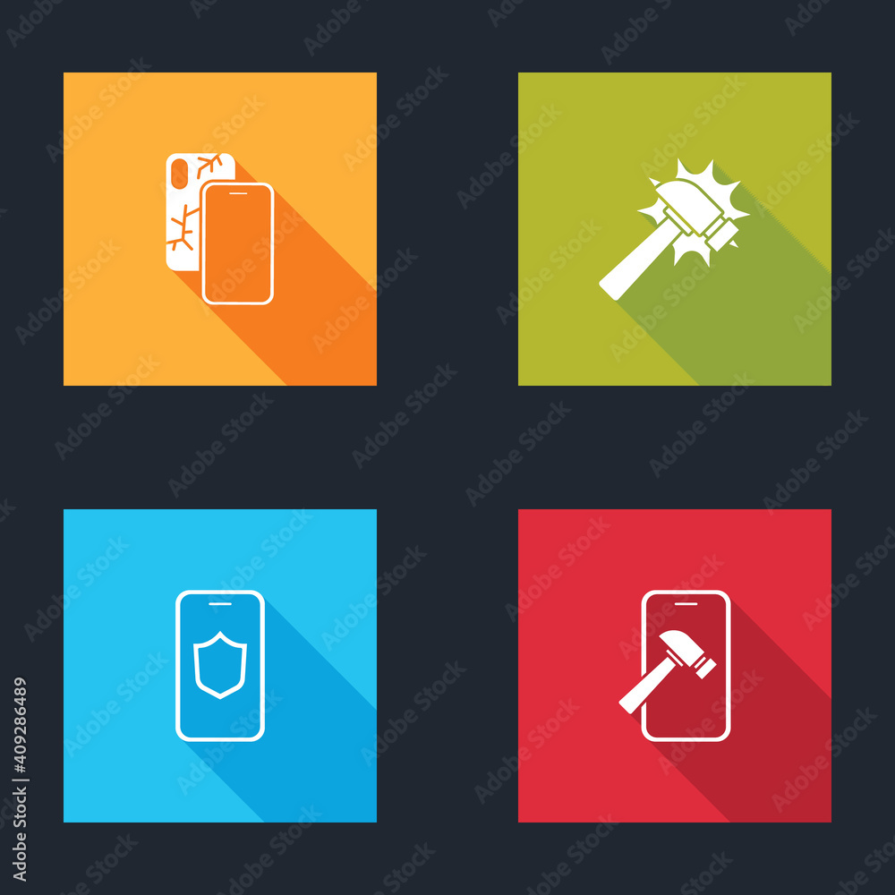 Set Mobile with broken screen, Hammer, shield and icon. Vector. Set Mobile with broken screen, Hammer, shield and icon. Vector.