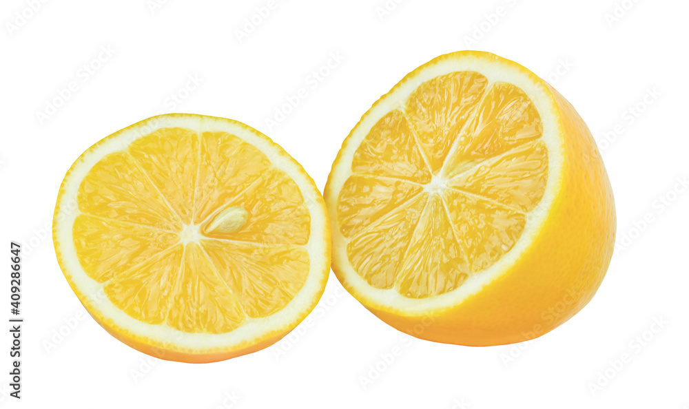 Two halves lemon isolated on white background. Pure lemon slice with a seed