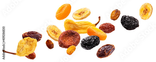 Falling dried fruits isolated on white backgroun