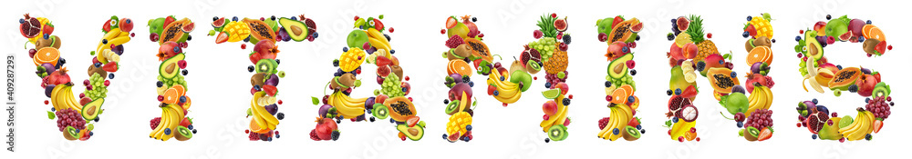 Fototapeta premium Word VITAMINS made of different fruits and berries