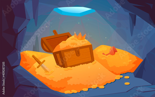 A chest with gold coins, a sword, a bowl and a crown in a grotto, cave or in the hold of a sunken ship. Flat cartoon vector illustration