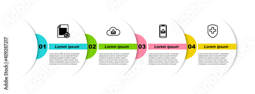 Set line Transfer files, Cloud download, Smartphone with and Medical shield cross. Business infographic template. Vector.