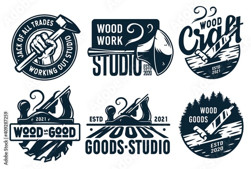 Set of emblems with equipment for wood workshop or joiner craft studio. Carpenter tool for repair, professional carpentry work
