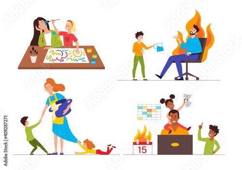 Family communication problems. Parental burnout concept. Scenes with exhausted, tired, unhappy parents and kids seeking attention. Set of flat cartoon vector illustrations isolated on white background