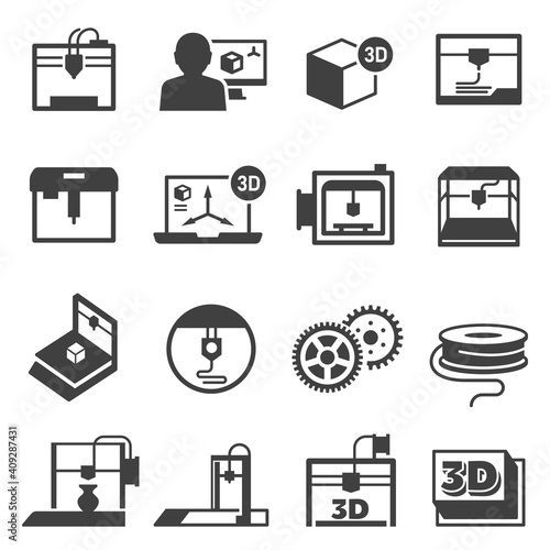 3D printing, additive manufacturing bold black silhouette icons set isolated on white. Fabber technology.