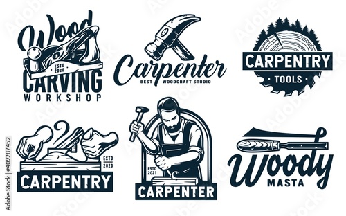 Set of emblems with equipment for wood workshop or joiner craft studio. Carpenter tool for repair, professional carpentry work