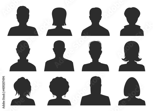 Avatar faceless black female, male icons set. Women, men, girls, guys, boys silhouette.