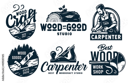 Set of emblems with equipment for wood workshop or joiner craft studio. Carpenter tool for repair, professional carpentry work