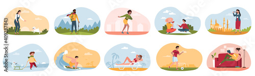 Summer and winter outdoor and indoor recreation. Fictional characters surfing, hiking, traveling, dancing, reading, playing football, walking dog and so on. Set of cartoon flat vector illustrations