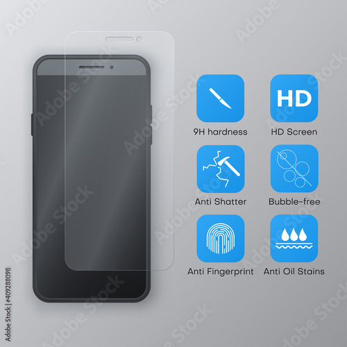 Screen protector glass for smartphone, cell mobile phone realistic template, blue icons for it.