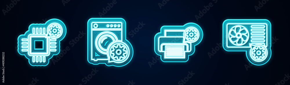 Set line Processor setting, Washer, Printer and Air conditioner. Glowing neon icon. Vector. Set line Processor setting, Washer, Printer and Air conditioner. Glowing neon icon. Vector.