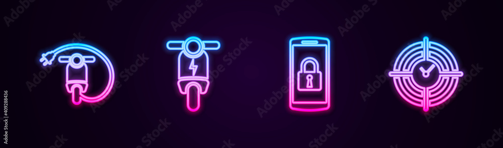 Set line Electric scooter, , Smartphone with lock and Time Management. Glowing neon icon. Vector. Set line Electric scooter, , Smartphone with lock and Time Management. Glowing neon icon. Vector.