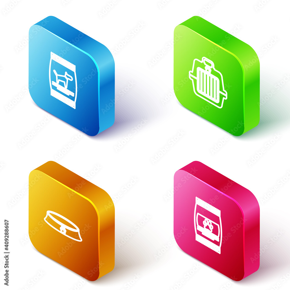 Set Isometric line Bag of food for dog, Pet carry case, bowl and pet icon. Vector. Set Isometric line Bag of food for dog, Pet carry case, bowl and pet icon. Vector.