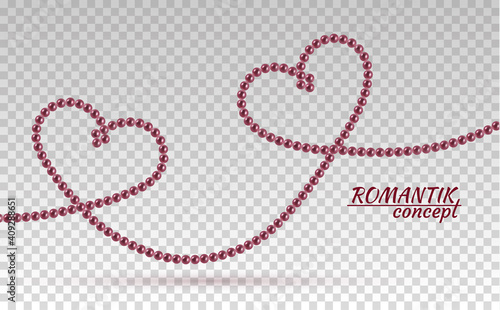 Shiny pearls for luxury accessories. Pearl necklace thread of pearls. Realistic pearls isolated on background. Beautiful natural heart shaped jewelry. Chains of pearls forming an ornament. Vector