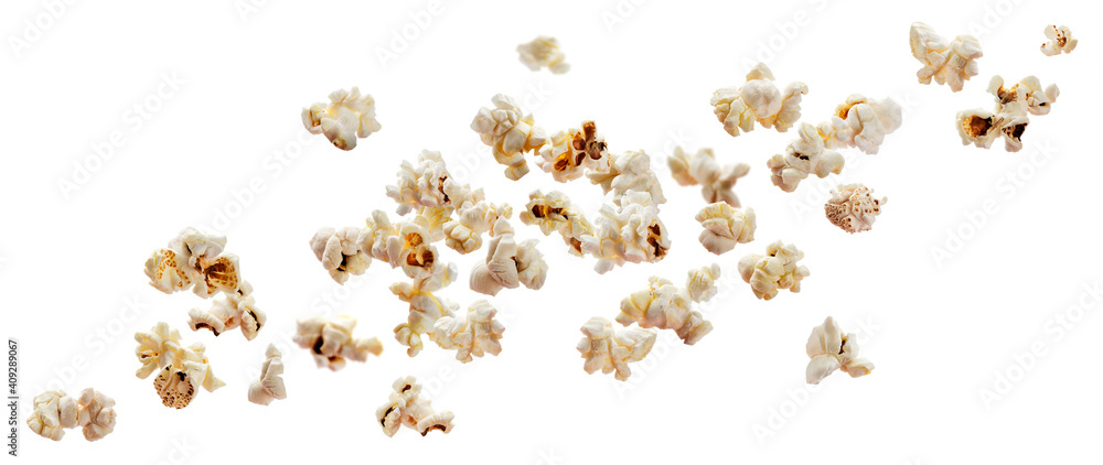 Falling popcorn isolated on white background - obrazy, fototapety, plakaty 
