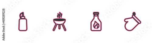 Set line Mustard bottle, Ketchup, Barbecue grill and Oven glove icon. Vector.
