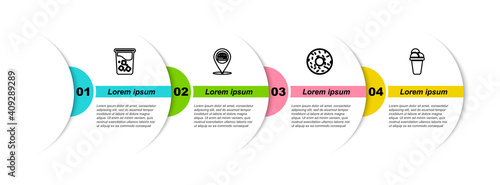 Set line Glass with water, Location burger, Donut and Ice cream. Business infographic template. Vector.