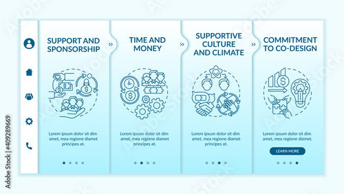 Conditions for collaborative design onboarding vector template. Supportive culture, climate. Commitments. Responsive mobile website with icons. Webpage walkthrough step screens. RGB color concept