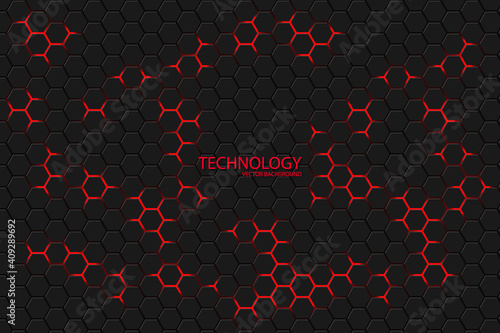 Hexagonal technology background. Red bright light energy flashes under the hexagon. Modern futuristic dark tech background. Honeycomb texture grid.