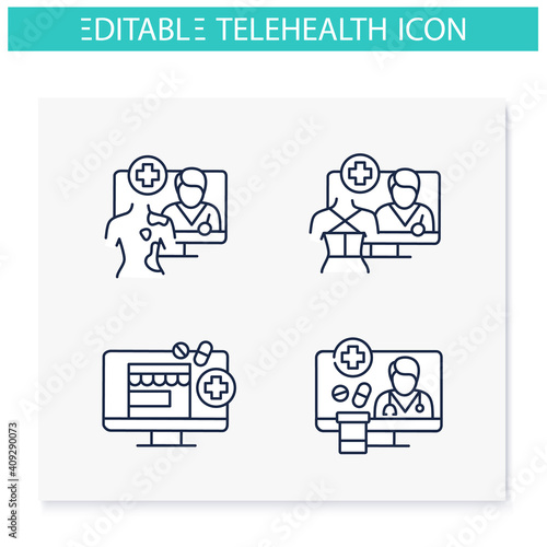  Telehealth line icons set. Virtual doctor consultations. Remote healthy check. Telemedicine, health care concept. Online medical examinations. Isolated vector illustrations. Editable stroke