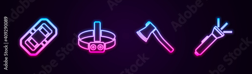 Set line Rafting boat, Head flashlight, Wooden axe and Flashlight. Glowing neon icon. Vector.