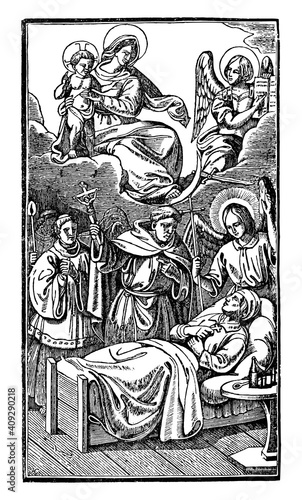 Priest giving last blessing to dying man or praying for his recovery. Antique vintage christian religious engraving or drawing illustration. © Zdenek Sasek