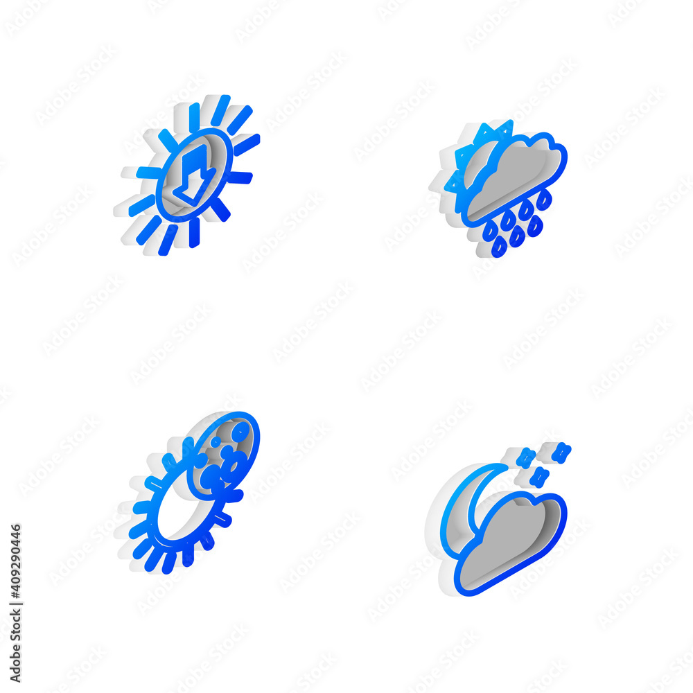 Set Isometric line Cloud with rain and sun, Sunset, Eclipse of the and moon stars icon. Vector. Set Isometric line Cloud with rain and sun, Sunset, Eclipse of the and moon stars icon. Vector.