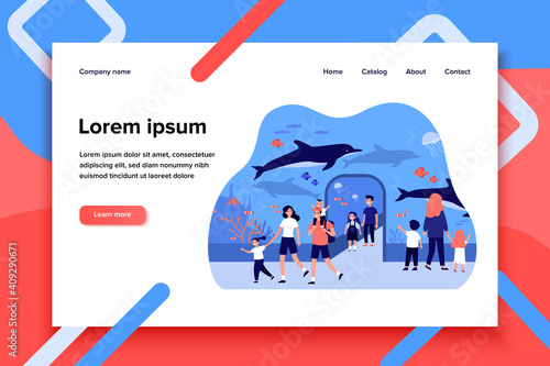 Happy kids walking in oceanarium flat vector illustration. Cartoon parents and children looking at underwater or ocean fishes. Aquarium, zoo, marine flora and sea animals concept