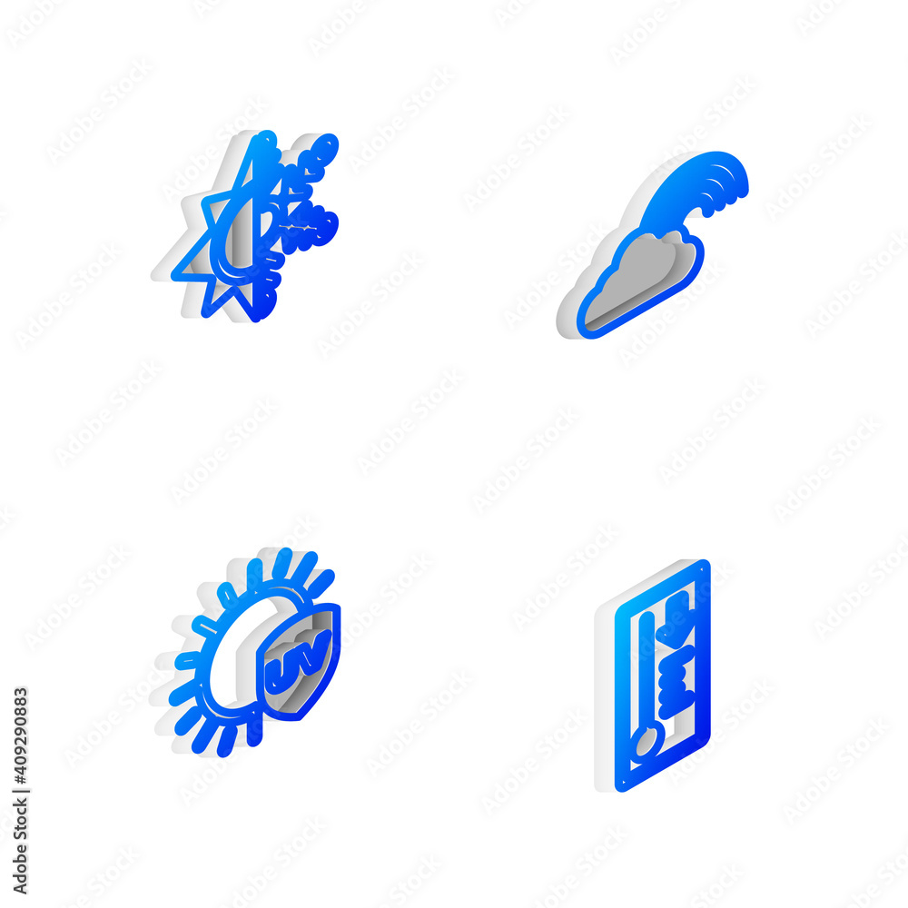Set Isometric line Rainbow with cloud, Sun and snowflake, UV protection and Meteorology thermometer icon. Vector.