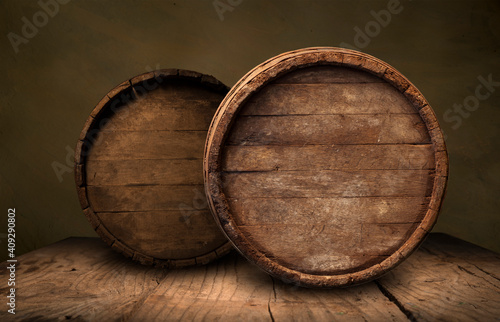 background of barrel and worn old table of wood