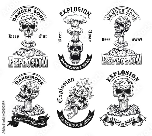 Monochrome explosion zone emblems vector illustration set. Vintage stickers with skulls in nuclear explosion. Danger area and explosive materials concept can be used for stickers and badges