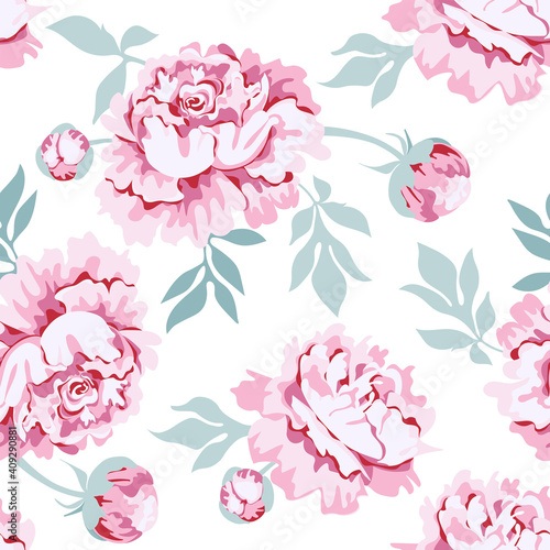 Pink peony flowers with leaves and buds on white background. Seamless pattern.