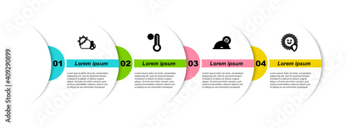 Set line Thermometer and cloud, sun, Meteorology thermometer, Rainbow with and UV protection. Business infographic template. Vector.