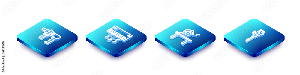Set Isometric line Electric drill machine, Air conditioner, Table saw for woodwork and Construction jackhammer icon. Vector. Set Isometric line Electric drill machine, Air conditioner, Table saw for woodwork and Construction jackhammer icon. Vector.