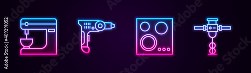 Set line Electric mixer, drill machine, Gas stove and Construction jackhammer. Glowing neon icon. Vector.