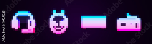 Set line Headphones, Alien, Video game console and Computer keyboard. Glowing neon icon. Vector.